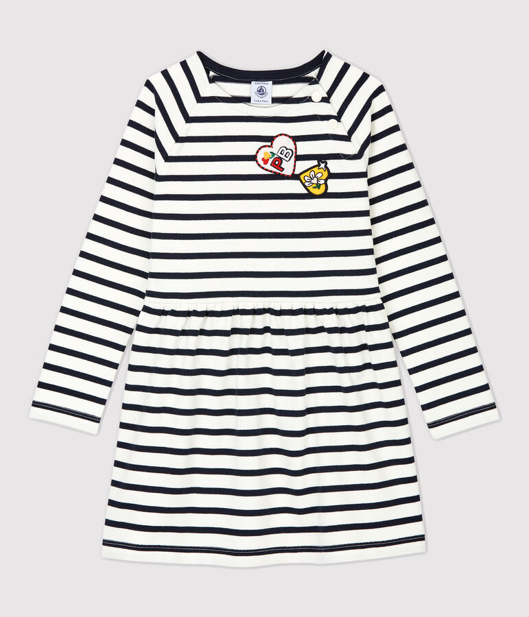 Robe manches longues en coton enfant fille blanc MARSHMALLOW/bleu SMOKING