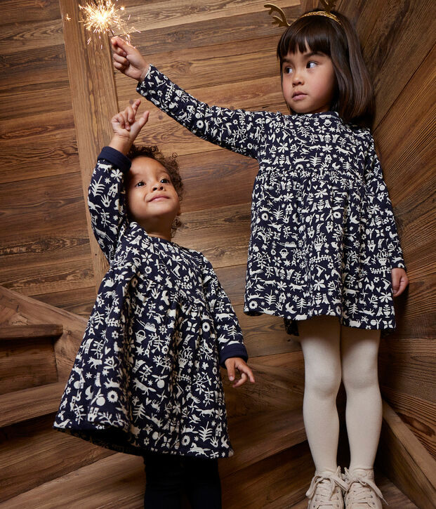 Robe manches longues en tubique imprim&eacute; enfant fille bleu/&eacute;cru