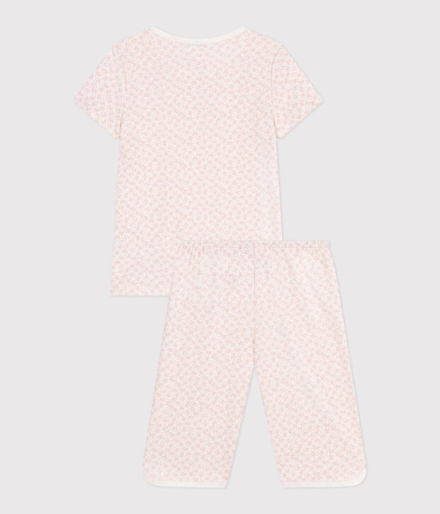 Pyjama capri enfant en coton imprim&eacute; fleuri blanc/rose