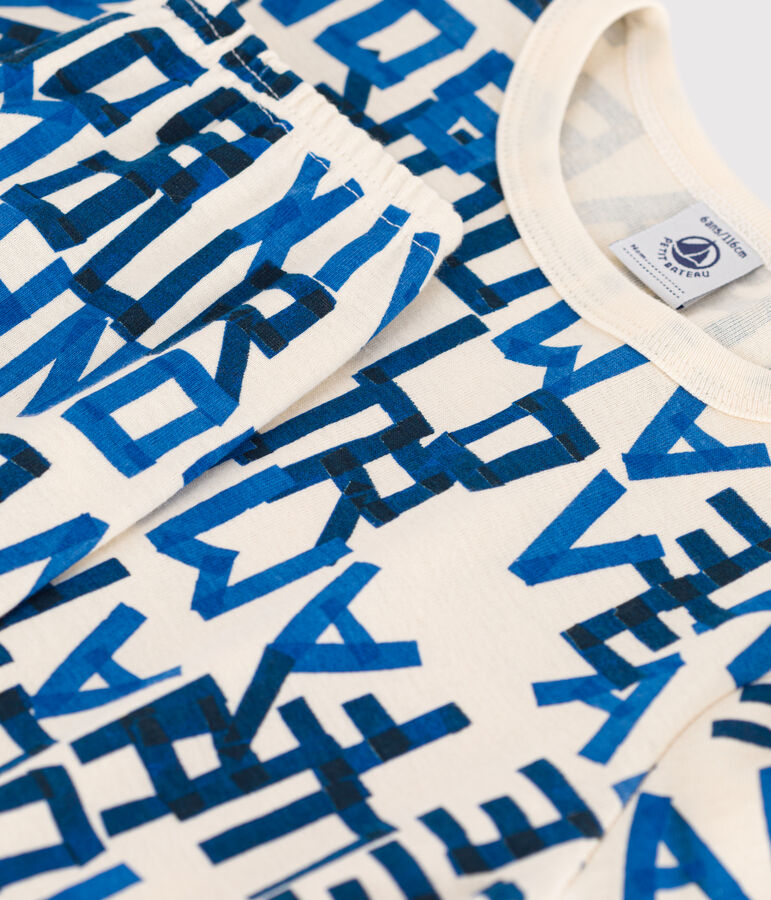 Pyjama imprim&eacute; mots bleus en coton enfant &eacute;cru/multicouleur