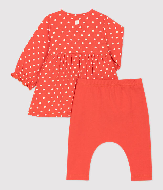 Robe legging &agrave; pois b&eacute;b&eacute; fille en coton biologique orange/blanc