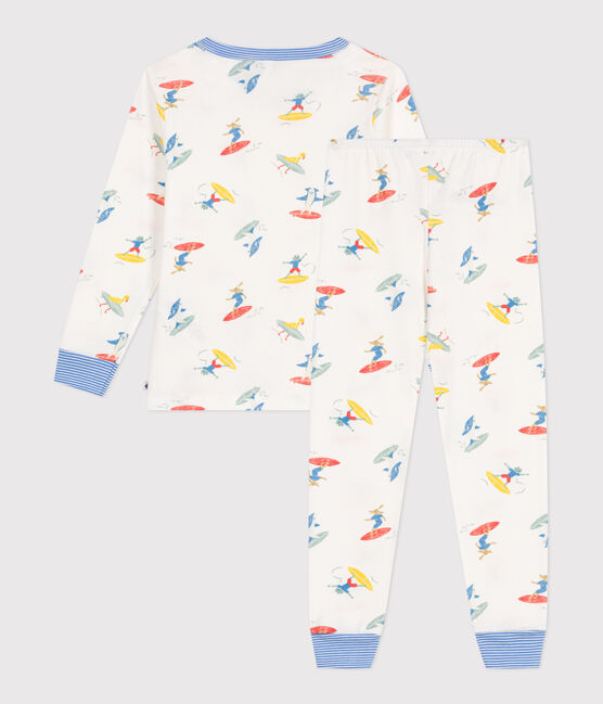 Pyjama enfant en coton manches longues imprimé surfeurs blanc MARSHMALLOW/blanc MULTICO