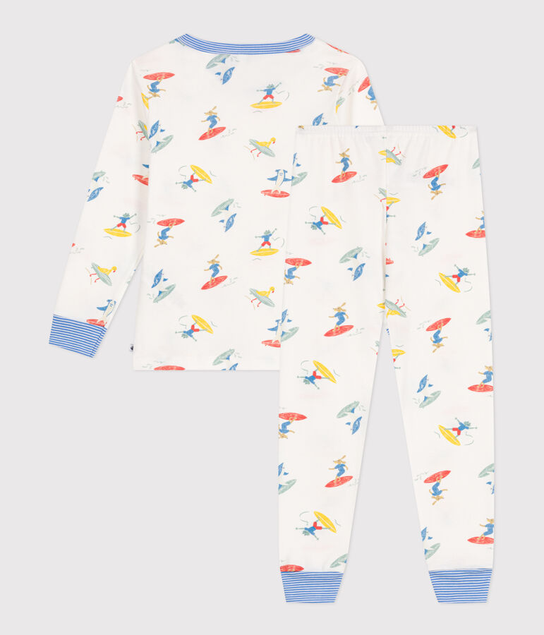 Pyjama enfant en coton manches longues imprim&eacute; surfeurs blanc MARSHMALLOW/blanc MULTICO