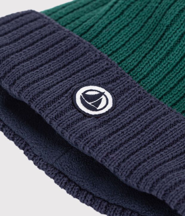 Bonnet enfant en tricot bicolore doubl&eacute; polaire vert/bleu