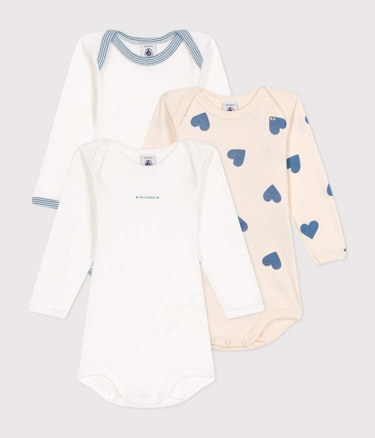Lot de 3 bodies manches longues c&oelig;urs bleu en coton b&eacute;b&eacute; variante 1