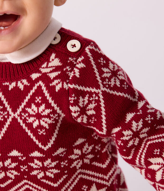 Pull b&eacute;b&eacute; en laine et coton &agrave; motifs rouge/&eacute;cru