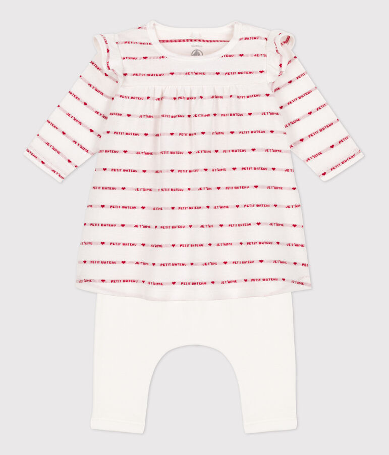 Robe legging jacquard b&eacute;b&eacute; en coton blanc MARSHMALLOW/rouge TERKUIT
