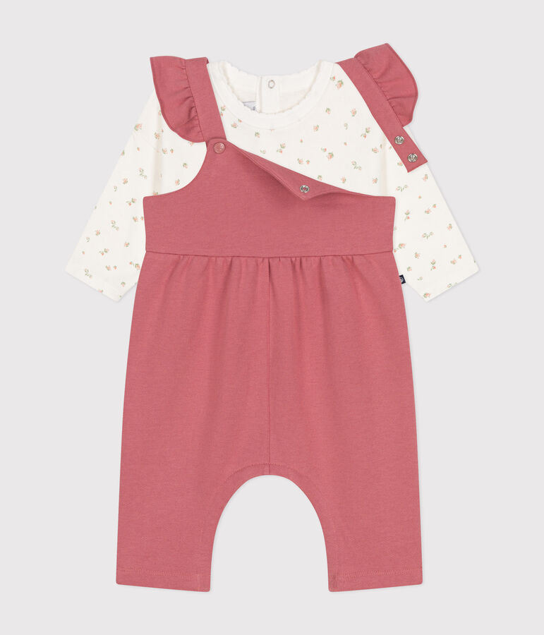 Ensemble salopette en molleton et tee-shirt en coton b&eacute;b&eacute; rose ROSEWOOD/ MULTICO