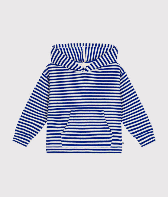 Sweatshirt rayé à capuche en bouclette éponge enfant bleu SURF/ AVALANCHE