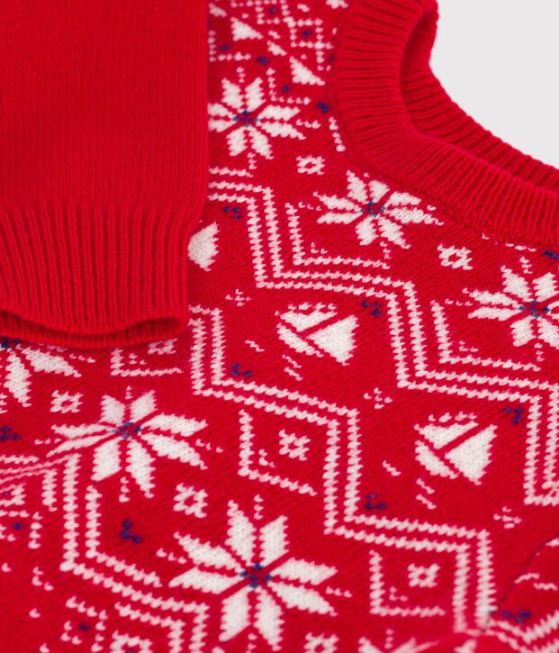 Pull jacquard enfant en laine et coton rouge/multicouleur