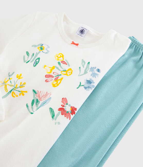 Pyjama fleurs printanières petite fille en coton bleu TIKI/blanc MARSHMALLOW