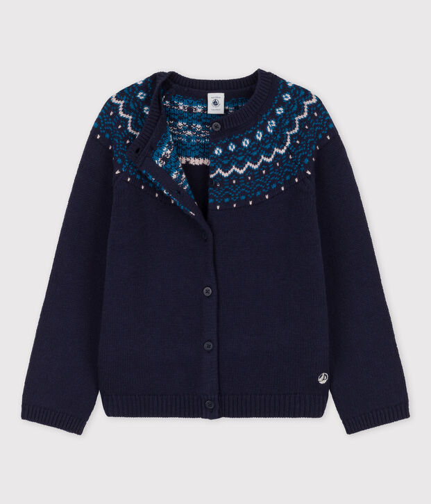 Cardigan laine et coton enfant fille bleu/multicouleur