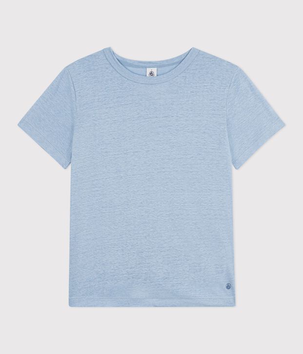 Tee-shirt femme en lin manches courtes uni bleu clair