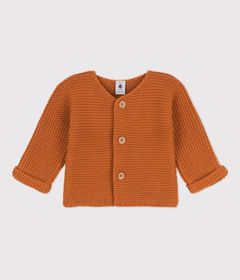 Cardigan b&eacute;b&eacute; tricot point mousse en coton marron ECUREUIL