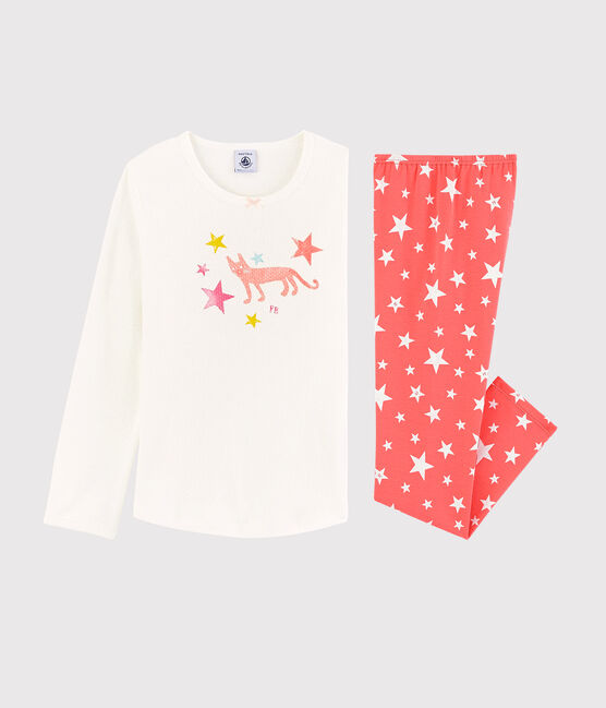 Pyjama étoiles petite fille en coton blanc MARSHMALLOW/rose PEACHY