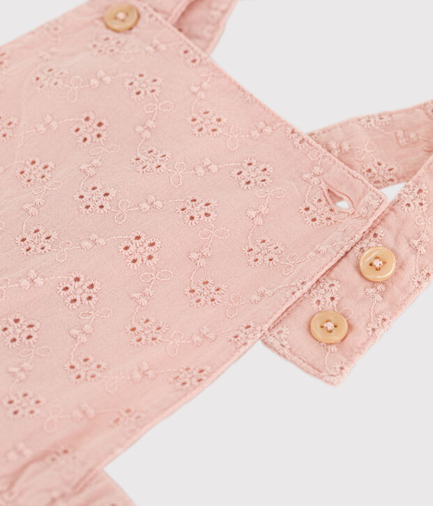 Salopette courte b&eacute;b&eacute; en broderie anglaise rose