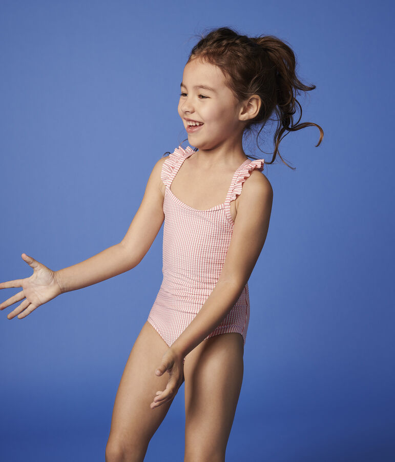 Maillot de bain 1 pi&egrave;ce recycl&eacute; enfant fille rose GRETEL/blanc MARSHMALLOW