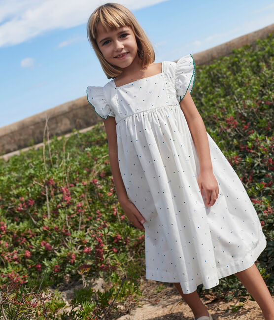 Robe longue sans manche enfant en coton à pois blanc MARSHMALLOW/blanc MULTICO