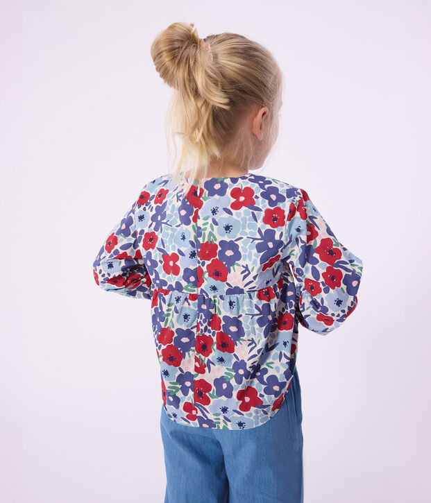 Blouse enfant en coton manches longues imprim&eacute;e fleurs blanc/multicouleur