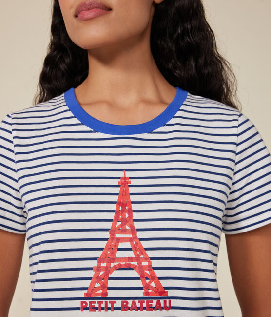 Tee-shirt Le Droit col rond en coton femme blanc MARSHMALLOW/bleu MEDIEVAL