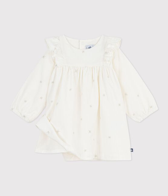 Robe bébé en velours côtelé manches longues brodée écru MILK/ ARGENT