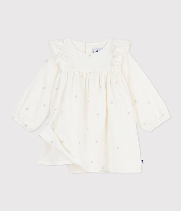 Robe b&eacute;b&eacute; en velours c&ocirc;tel&eacute; manches longues brod&eacute;e &eacute;cru/gris