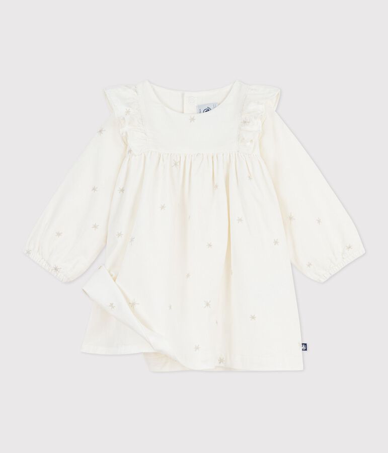 Robe b&eacute;b&eacute; en velours c&ocirc;tel&eacute; manches longues brod&eacute;e &eacute;cru MILK/ ARGENT