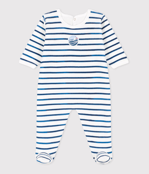 Pyjama b&eacute;b&eacute; en velours ouverture au dos ray&eacute; blanc/bleu