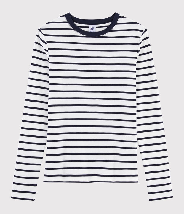 T-shirt col rond iconique en coton ray&eacute; Femme blanc/bleu