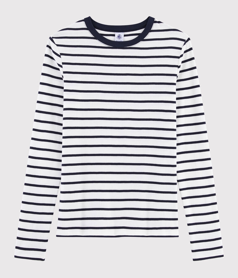 T-shirt col rond iconique en coton ray&eacute; Femme blanc/bleu