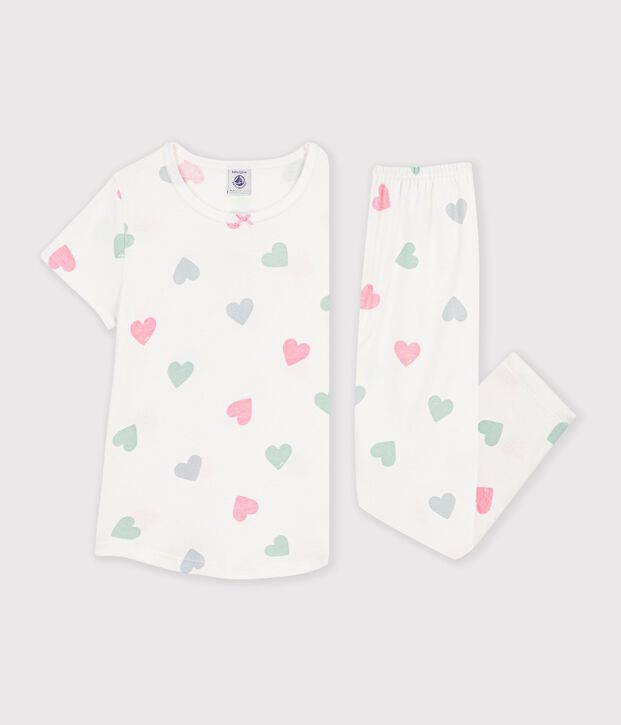 Pyjama enfant en coton manches courtes jambes longues imprim&eacute; blanc/multicouleur