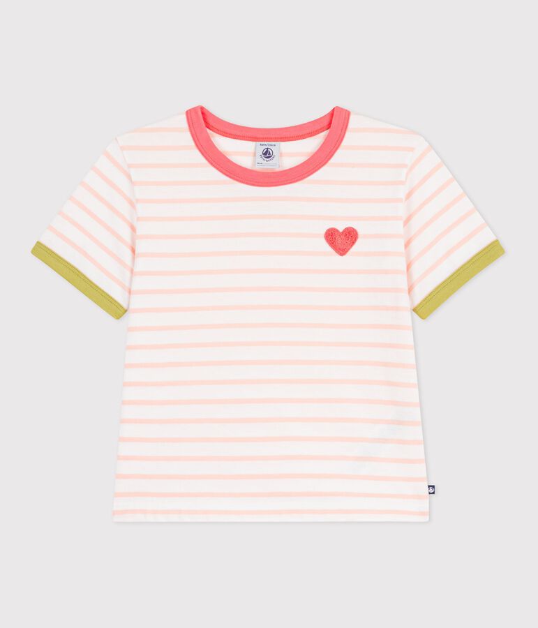 Tee-shirt enfant manches courtes en coton &agrave; rayures blanc/orange