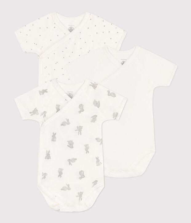 Lot de 3 bodies crois&eacute;s manches courtes lapins en coton multicouleur