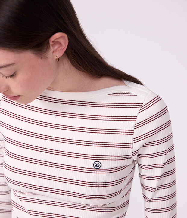 Tee-shirt femme col amiral en coton manches longues &agrave; rayures blanc/rouge
