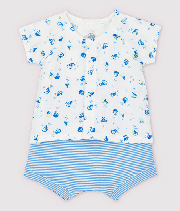 Ensemble 2 pi&egrave;ces bleu b&eacute;b&eacute; en tissu couche et coton biologique blanc/multicouleur