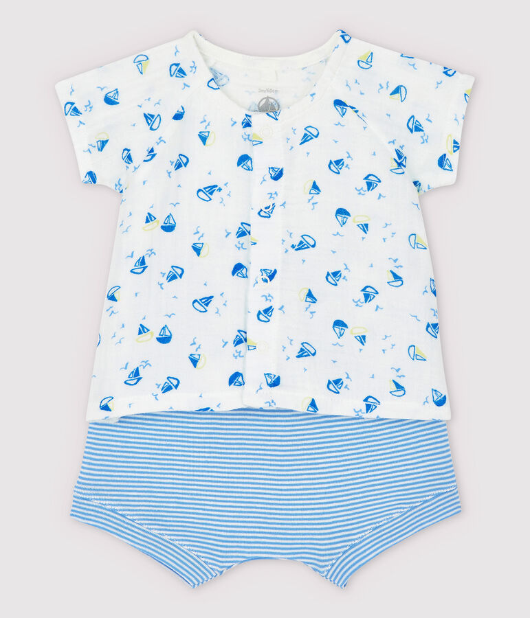 Ensemble 2 pi&egrave;ces bleu b&eacute;b&eacute; en tissu couche et coton biologique blanc/multicouleur