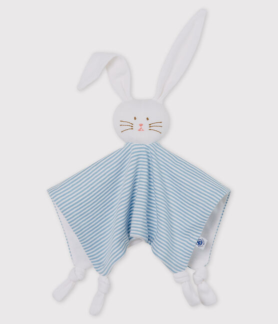 Doudou lapin bébé en côte bleu ACIER/blanc MARSHMALLOW