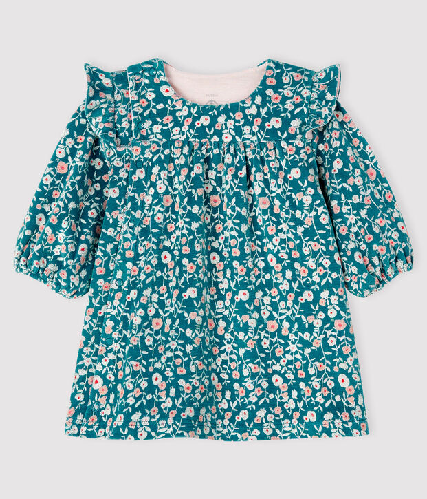 Robe manches longues fleurie b&eacute;b&eacute; fille en velours vert/multicouleur