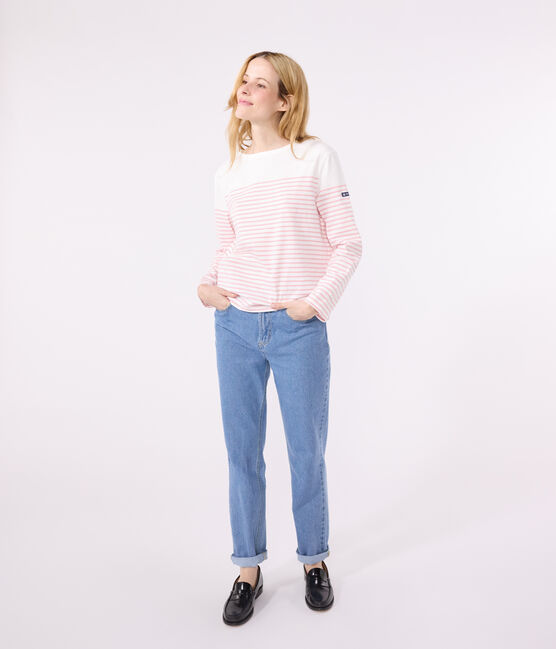 Teeshirt marinière femme en coton manches longues blanc MARSHMALLOW/rose CHARME