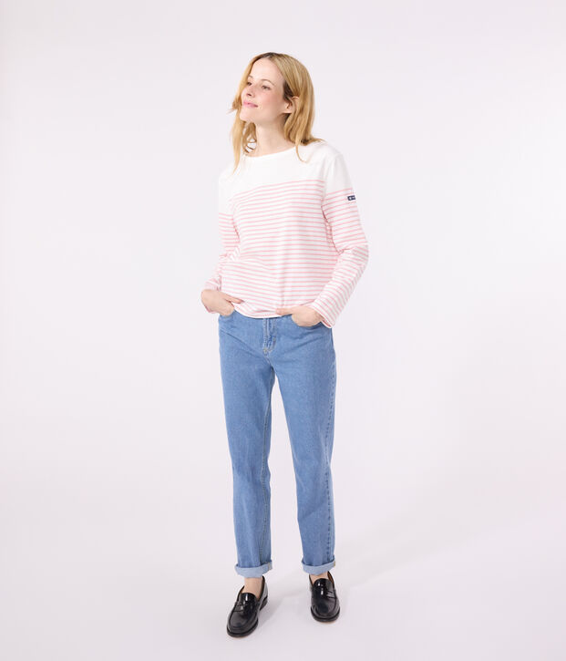 Teeshirt marini&egrave;re femme en coton manches longues blanc/rose
