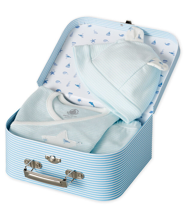 Lot cadeau b&eacute;b&eacute; 3 pi&egrave;ces en c&ocirc;te bleu/blanc