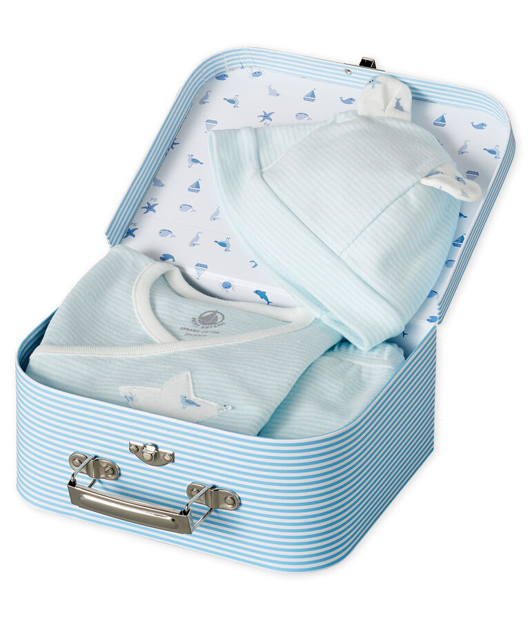 Lot cadeau b&eacute;b&eacute; 3 pi&egrave;ces en c&ocirc;te bleu/blanc