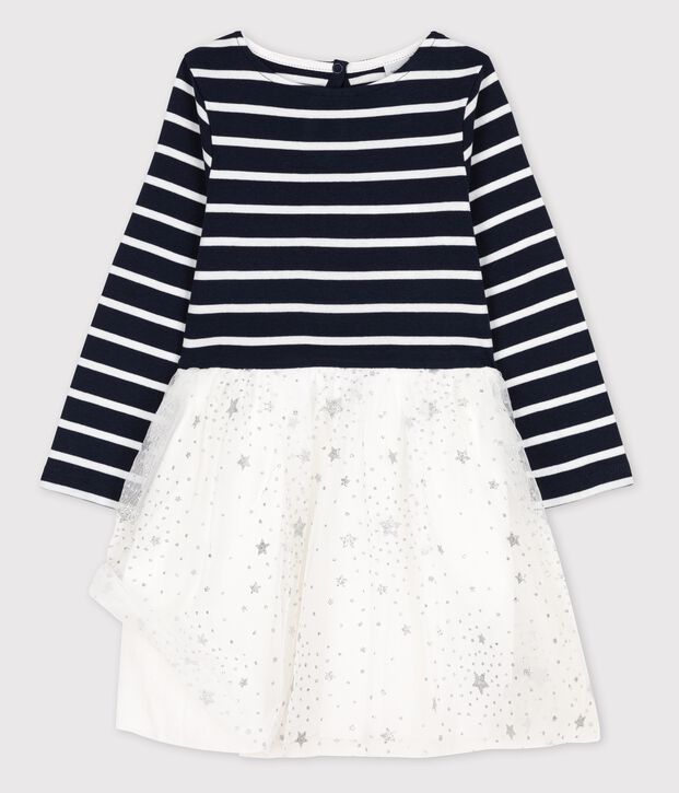 Robe manches longues coton et tulle enfant fille bleu/blanc