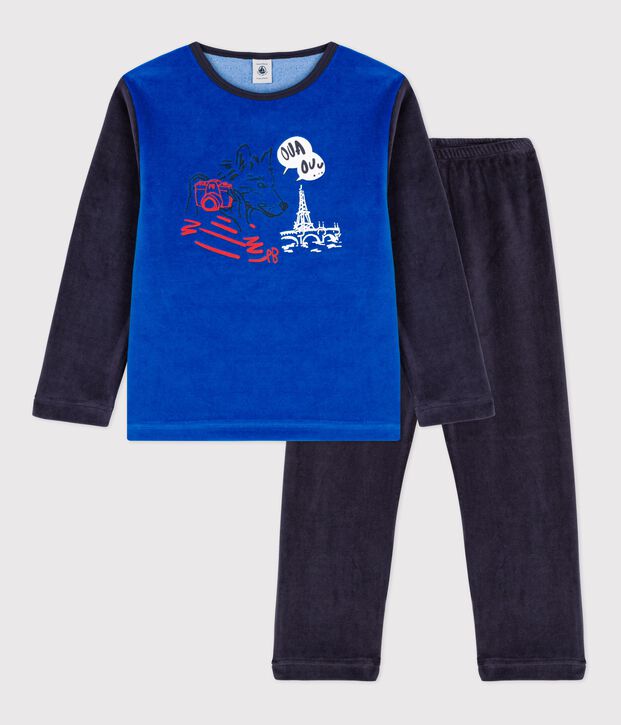 Pyjama petit gar&ccedil;on motif loup en velours bleu/bleu