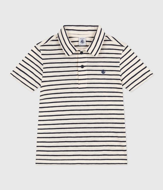 Polo enfant en coton à manches courtes à rayures blanc AVALANCHE/bleu SMOKING