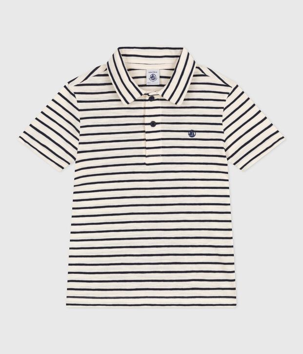 Polo enfant en coton &agrave; manches courtes &agrave; rayures &eacute;cru/bleu
