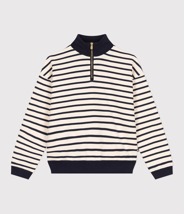 Sweatshirt col camionneur en molleton gratt&eacute; femme &eacute;cru/bleu