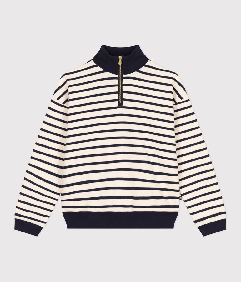 Sweatshirt col camionneur en molleton gratt&eacute; femme blanc AVALANCHE/bleu SMOKING