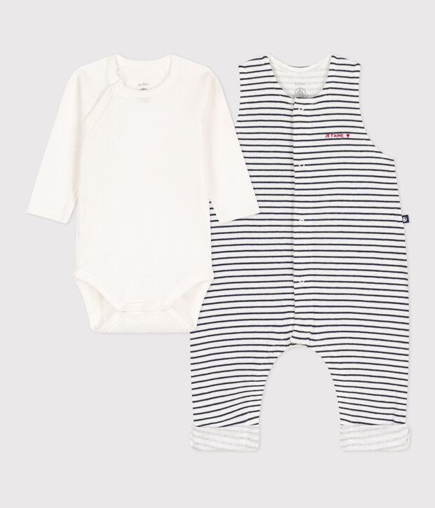 Ensemble combinaison et body en coton b&eacute;b&eacute; blanc/bleu