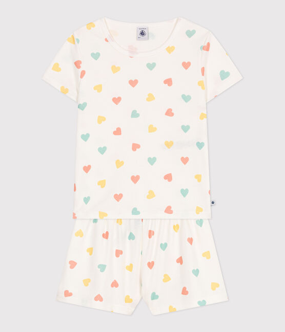 Pyjama short enfant en coton imprimé cœurs blanc MARSHMALLOW/blanc MULTICO
